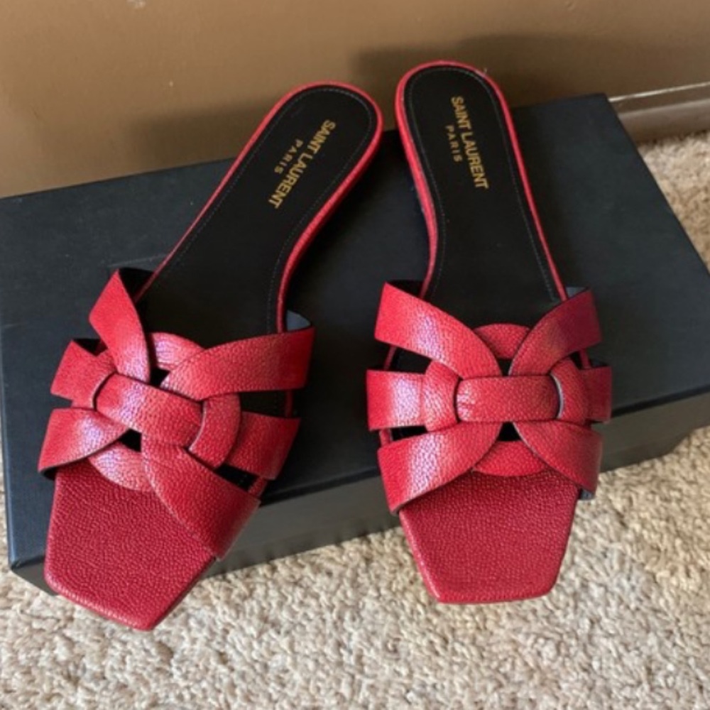 Saint Laurent Tribute Leather Slides 7 1/2